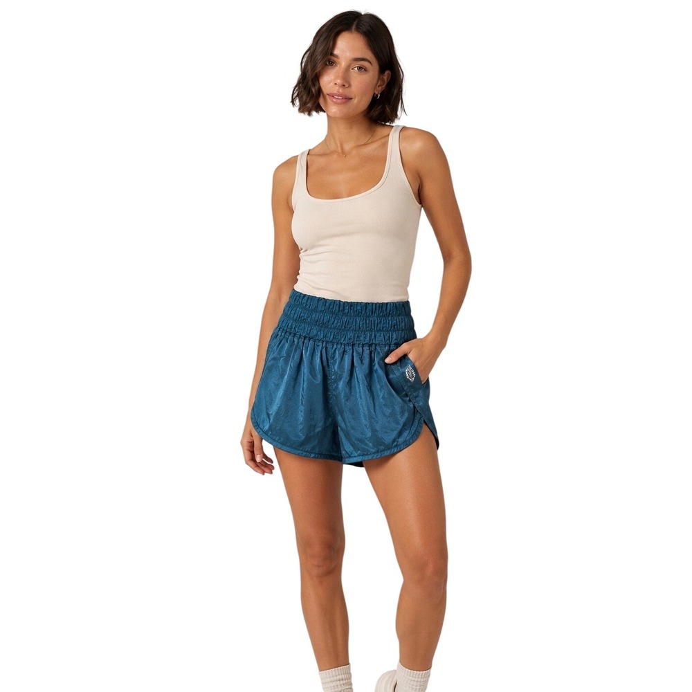 FP Movement The Way Home Shorts S Teal Blue High Rise Smocked Running Athletic